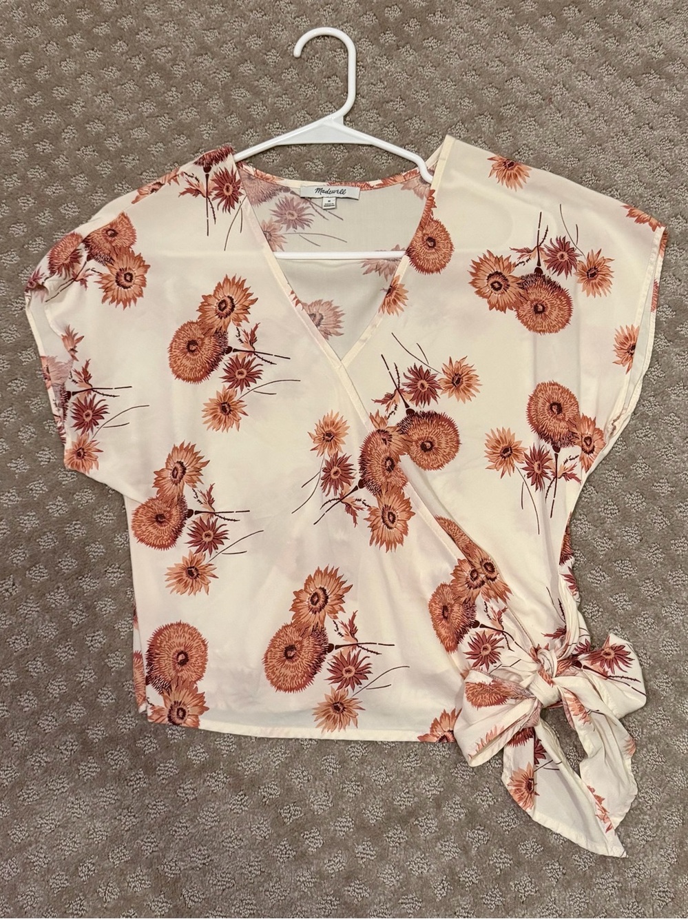 Madewell Floral Wrap Top Size M Cream Side Tie Blouse